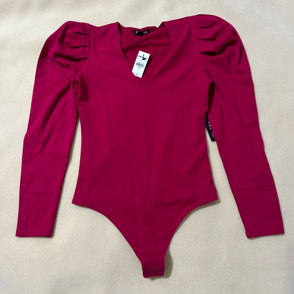 Express Puff-Sleeve One-Piece Bodysuit in Berry